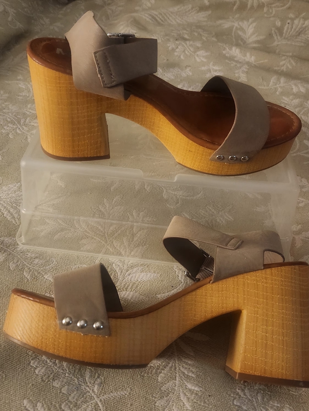 Taupe Suede Platform Sandals with Chunky Wood-Effect Heel